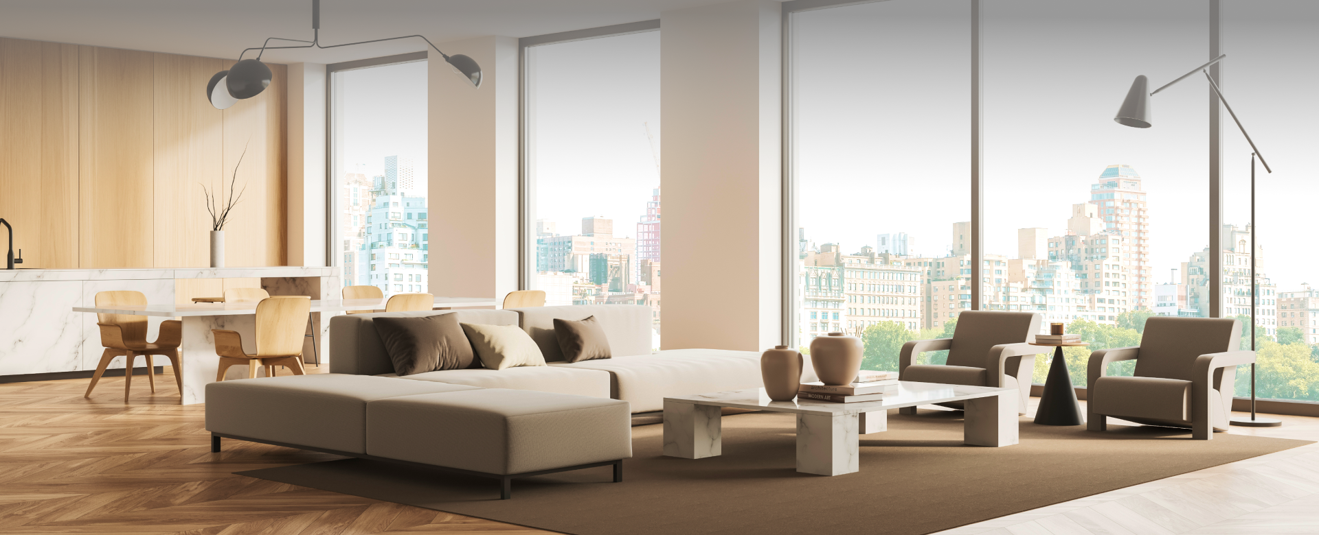 Dwellworks Living - Solutions for Global Corporate Relocation - Interior living with skyline in windows 1920x780